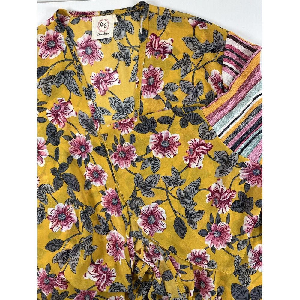 Grace & Emma Long Floral Long Bell Sleeves Kimono Style Cardigan Sz M L  Cottage